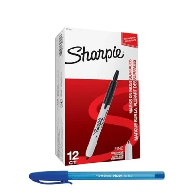 Image of SHARPIE Permanent Marker with Retractable Tip Fine Black Pack of 12 &amp; PaperMate Pen Gift