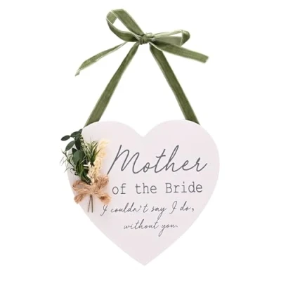 Image of Widdop &amp; Co. Love Story Mother Of The Bride Heart Hanging Wooden Plaque with Green Velvet Ribbon Wedding Keepsake Gifting for Special Memories, Home Decor, Gifting, Presents Best Friends.