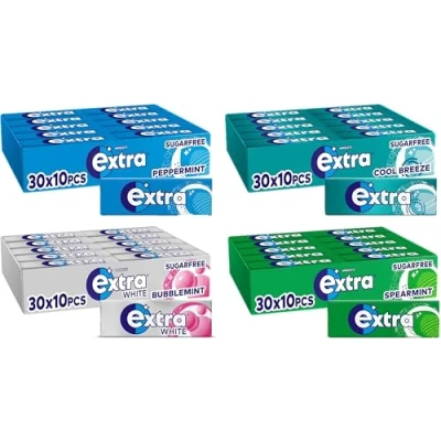 Image of Extra Sugarfree Chewing Gum, Peppermint, Cool Breeze, Spearmint and Bubblemint, Freshens Breath, Helps with Oral Hygiene for Healthy Teeth Gums 30 Packs of 10 pieces Each Flavour (120 Packs)
