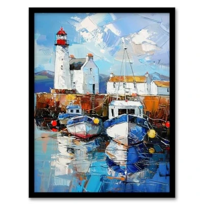 Image of Artery8 Scottish Harbour Oil Painting Lighthouse Rustic Living Room Artwork Framed Wall Art Print A4