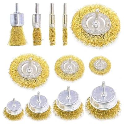 Image of Wire Brush Drill Set 12 Brass Coated Wheel &amp; Cup Brushes For Cleaning Rust Paint Removal 1/4 inch Shank