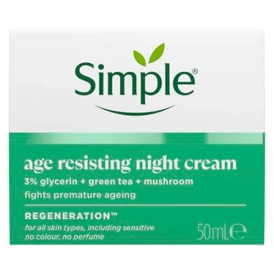 Image of Simple Regeneration Age Resisting Night Cream with 3% Glycerin, Green Tea and Mushroom Extract Moisturiser for Overnight Skin Rejuvenation 50 ml