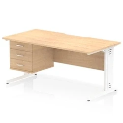 Image of Impulse 1600 x 800mm Scalloped Edge Office Desk Maple Top White Cable Managed Leg Workstation 1 3 Drawer Fixed Pedestal