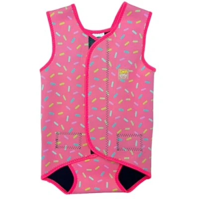Image of Swim Cosy Baby/Toddler Wetsuit Vest with UPF50 Neoprene Wrap around design for Boys/Girls 0 3 years Unicorns, Dinosaurs, Ducks (Pink Sprinkles, LARGE 18 30 Months)