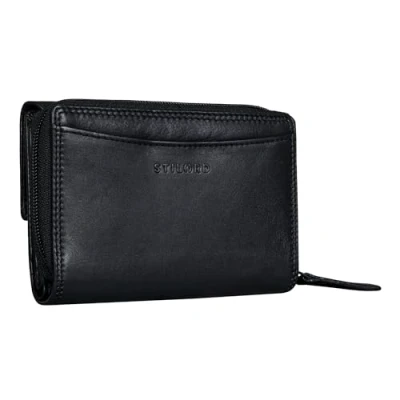 Image of STILORD &#039;Jade&#039; Womens Leather Purse Large RFID Wallet for Women Genuine Coin Pouch Trifold with Card Slots Zip Real Vintage, Colour:Black