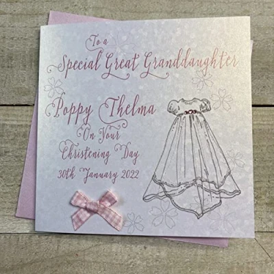 Image of WHITE COTTON CARDS PERSONALISED CHRISTENING CARD GREAT GRANDDAUGHTER GOWN DESIGN (PPS58 GGD &amp; XPPS58 GGD)