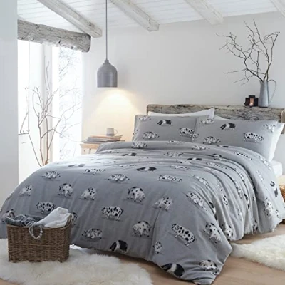 Image of Fusion Snug Cosy Pig 100% Brushed Cotton Duvet Cover Set Double Bed Size in Grey