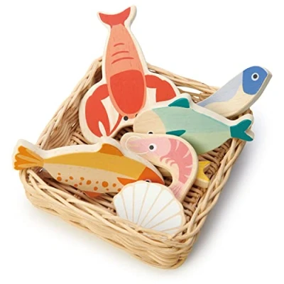 Image of Tender Leaf Toys Seafood Basket Play Food in a Wicker Perfect For Children Shopping Day Roleplay and Pretend