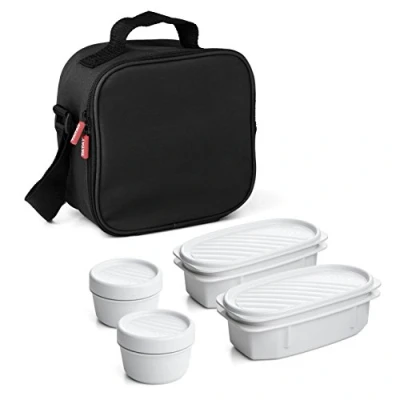 Image of Tatay Urban Food Casual Insulated Lunch Bag, 3L Capacity, 4 Plastic Storage Containers (2 x 0.5 L, 2 0.2 L) BPA Free, Black. Measure 22.5 10 22 cm