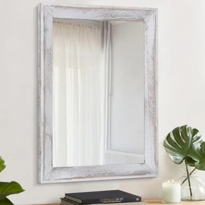 Image of AAZZKANG Mirrors for Wall 50 x 40 cm Rustic Wood Framed Mirror Decorative Farmhouse Bedroom Bathroom Hanging Decor Rectangle White