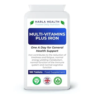 Image of Multi Vitamins Plus Iron 180 Tablets 6 Month Supply Suitable for Vegetarians Harla Health Make in The UK GMP Codes of Practice