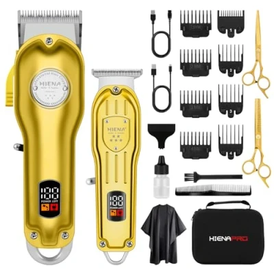 Image of HIENA PRO Professional Hair Clippers Set for Men, Cordless Barber Clipper Trimmer Set, Cutting Machine Kit, Rechargeable Barbers with LED Display (Gold)
