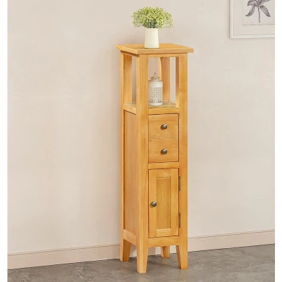 Image of Hallowood Furniture Aston Oak Compact Bathroom Cabinet with Deep Drawer, Wooden Display Cupboard, Narrow Storage Unit, Living Room Slim Tower Unit