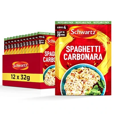 Image of Schwartz Spaghetti Carbonara 32 G Serves 4 Pack of 12 Creamy &amp; Flavourful Taste With Parsley, Oregano, and Black Pepper Suitable for Vegetarians No Artificial Colouring or Flavouring