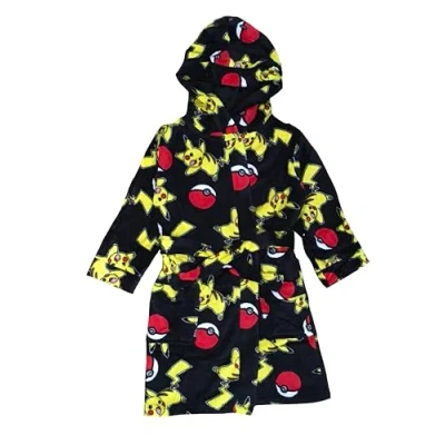 Image of Pokemon Robe Boys or Girls Hooded Bathrobe, Dressing Gown, Pikachu, Black, Age 13 14 Years