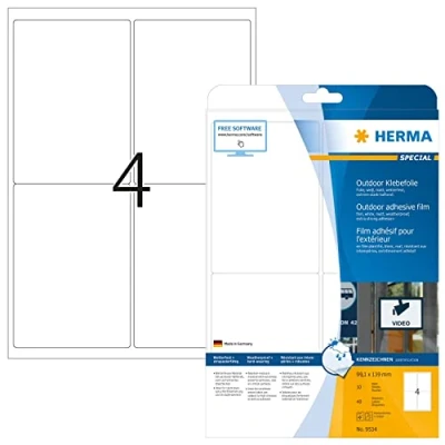 Image of HERMA Self Adhesive Film Labels, 4 Labels per A4 Sheet, 10 Sheets, 99.1 x 139 mm, 40 Blank Weatherproof Stickers, Sticky for Laser &amp; Inkjet Printer, White