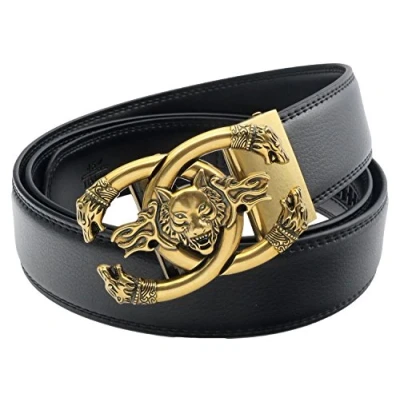 Image of QHA Mens Ratchet Leather Belts for Men Jeans Dress Wolf Automatic Belt Buckle EB19 Bronze Black 32&quot; 38&quot;