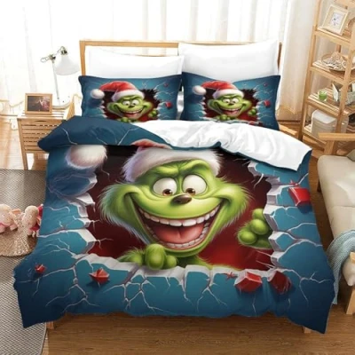 Image of SUFFERBOW Grinch for Boys Girls Duvet Cover 3D Print Christmas Quilt Comforter Covers Bedding Set with Pillow Cases Zipper Closure Soft Microfiber 3 Pieces Double（200x200cm）