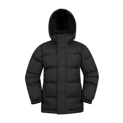 Image of Mountain Warehouse Snow Padded Kids Jacket Water Resistant Coat with Fleece Lined Hood, Adjustable Cuffs &amp; Side Pockets For Winter, Walking, Travel Outdoors Jet Black Size 7 8 Years