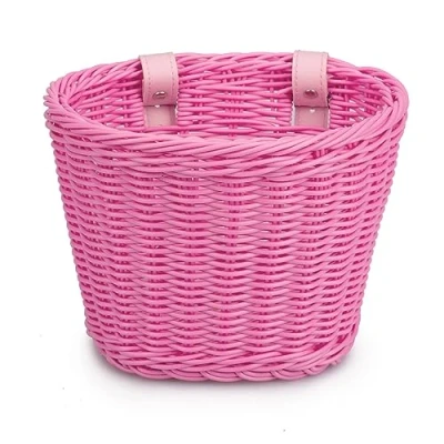 Image of tinysiry Kids Bike Basket Handwoven Cycle for Kids, Bicycle Girls Boys, Handlebar Front Replacement, Hand Woven Children Wicker Pink