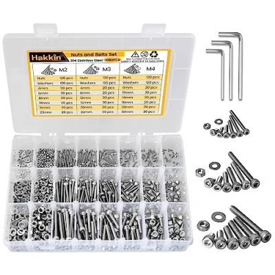Image of Hakkin Nuts and Bolts 1080Pcs M2 M3 M4 Hex Socket Head Cap Screws 304 Stainless Steel Nut Assortment Machine Washers Kit
