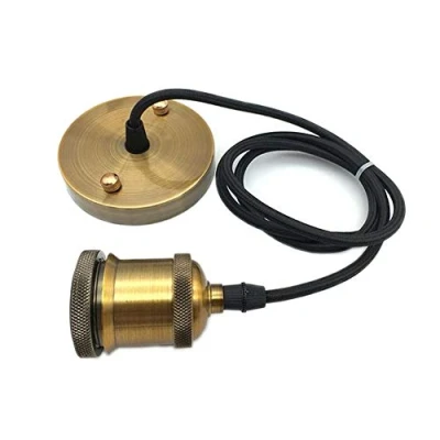 Image of Icole Vintage Pendant Light Fitting, Modern Retro Industrial Style E27 Gold Bronze Lamp Holder Ceiling Rose, Black Braided Flex Cable