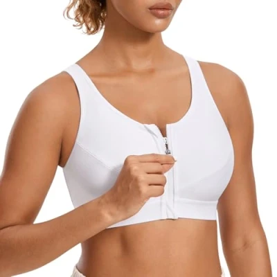 Image of SYROKAN Women&#039;s Sports Bra High Impact Front Fastening Zipper Wireless Post Surgery Support Workout White 36DD