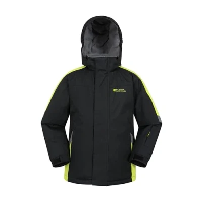 Image of Mountain Warehouse Raptor Kids Ski Jacket Snowproof, Fleece Lined Snow Coat with Hood Boys and Girls Winter Warm Skiing, Snowboarding &amp; Outdoors Jet Black Size 5 6 Years