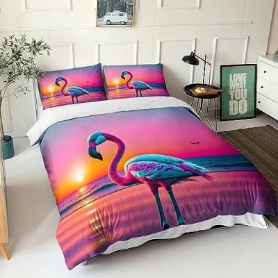 Image of GEEYOU Flamingos 3D Comforter Cover Set 3 Piece for Kids Boys Cartoon Duvet Pillowcases Youth Teens Bedding Quilt with Zipper Closure Soft Microfiber Double（200x200cm）