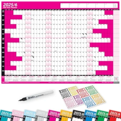 Image of 2025/26 Mid Year LAMINATED Academic Yearly Annual Office Home Wall Planner Calendar Chart With Pen And Stickers HOT PINK A1+ 62cm x 88cm (ROLLED)