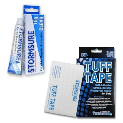 Image of Stormsure Flexible Repair Adhesive + TUFF Tape Extra Strong 15g Clear 2m x 7.5cm Strong, Durable, Flexible: Ideal for Many Repairs