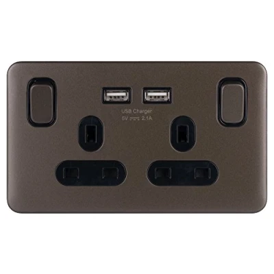 Image of Schneider Electric Lisse Screwless Deco Switched Double Power Socket, Single Pole with USB Charging Ports, 13A, GGBL30202USBABMBS, Mocha Bronze Black Insert