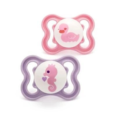 Image of MAM Air Soothers 0+ Months (Pack Of 2), Baby With Sterilisable Travel Case, Essentials, Peach/Lilac (Designs May Vary)