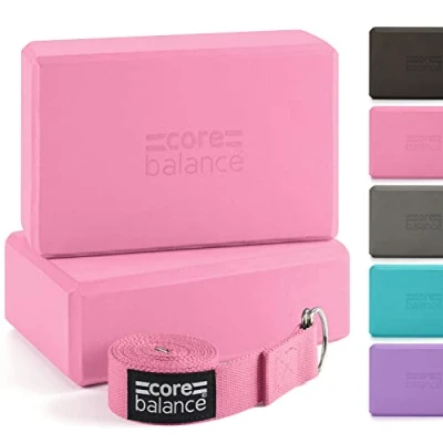 Image of Core Balance Yoga Blocks Set Of 2 High Density EVA Foam with Adjustable Metal D Ring Cotton Strap (Pink)