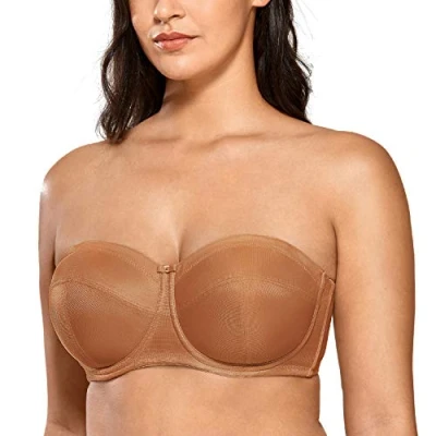 Image of Delimira Women&#039;s Strapless Bras Underwire Non Padded Support Multiway Bandeau Bra for Bigger Bust Nutmeg Brown 44E