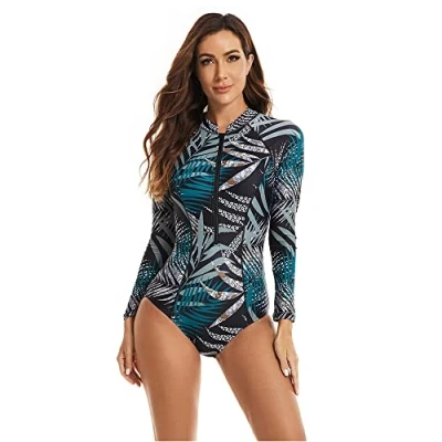 Image of BEACHKINI One Piece Swimsuit for Women Long Sleeved Swimwear with Front Zip Triangle Swimsuit,38 Blue,XXL