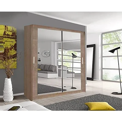 Image of A.C. Milan Modern Double Mirror sliding door wardrobe with LED Light Width 100cm/120cm/150cm/180cm/203cm/250cm (150, Oak/Sonoma)