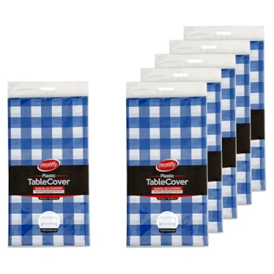Image of Neatiffy 54 in x 108 Inch 6Pack Rectangle Plastic Table Cloth Waterproof Disposable/Reusable Tablecloth Cover for Picnic, Party, Banquet, Birthdays Blue Checkered
