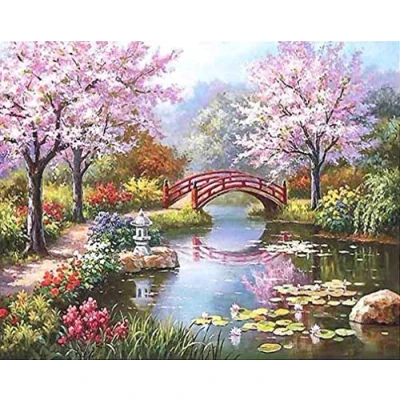 Image of Awesocrafts Number Painting Kits, Japan Garden, Cherry Blossom Trees Bridge Lake Paint by 16x20 inches for Adults and Kids (Cherry Blossom，No Frame)