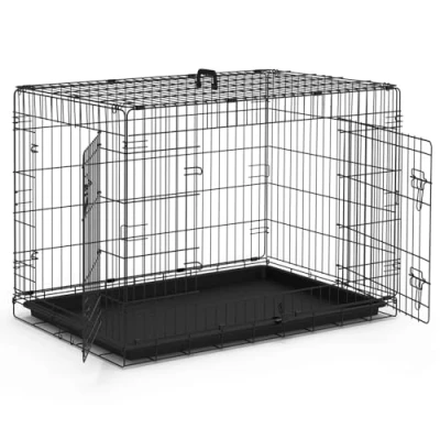 Image of VOUNOT Dog Crate Portable Pet Foldable Secure Puppy Cage with 2 Doors, Removable Slide Tray, Carry Handles, Large 36 Inches, Black