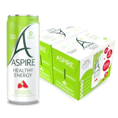 Image of ASPIRE Healthy Energy Drink 12 x 330ml Cans Zero Calories &amp; Sugar Natural Plant Based Caffeine Multivitamins Vegan Gluten Free (Strawberry Watermelon)