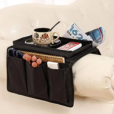Image of BEISIJIA Sofa Armrest Organizer With Cup Holder Tray, Couch Caddy TV Remote Control Storage for Cellphone Tablets Magazines Book Glasses Cables Drinker Snacks Pouch (Black)
