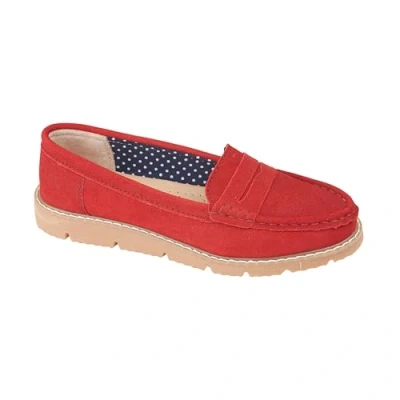 Image of Jo &amp; Joe Women’s Real Suede Leather Penny Loafer Comfortable Smart/Casual Flat Slip on Boat Shoe in Sizes 4 8 (Red, UK Footwear Size System, Adult, Women, Numeric, Medium, 8)