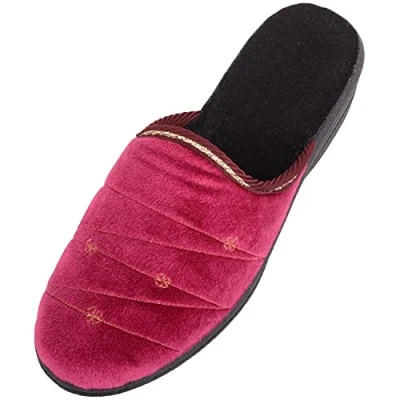 Image of ABSOLUTE FOOTWEAR Womens Slip On Open Back Mule Style Embroided Velour Slippers Burgundy UK 5 / EU 38