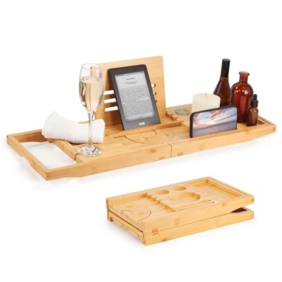 Image of Woodluv Extendable Bamboo Bath Tray, Bathtub Tray Bathroom Caddy with Wine Glass, Candle, Phone, Tablet, Book Holder Foldable Board for Spa Experience Adjustable Rack