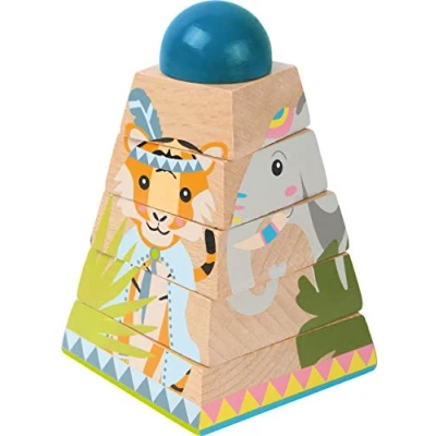 Image of small foot 11090 Cube puzzle tower &quot;Jungle&quot; made of wood, with 4 animal motifs and 5 rotating elements, from 12 months