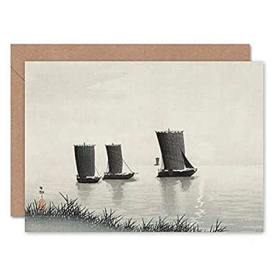 Image of Wee Blue Coo Fishing Boats Ohara Koson Greeting Card With Envelope Inside Premium Quality