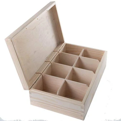 Image of Wooden Decorative Box with 8 Compartments 29 x 16.5 cm Accessories Storage Case Tea Bag Sewing Jewellery Caddy Organiser Divided Sections Natural Unpainted &amp; Untreated Wood for Craft