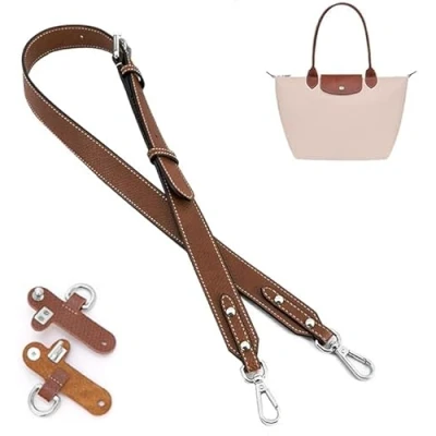 Image of Gastinsave 2024 Replacement Leather Handbag Straps Adjustable Shoulder Strap for Longchamp Women MINI/S/M/L, Brown Silver
