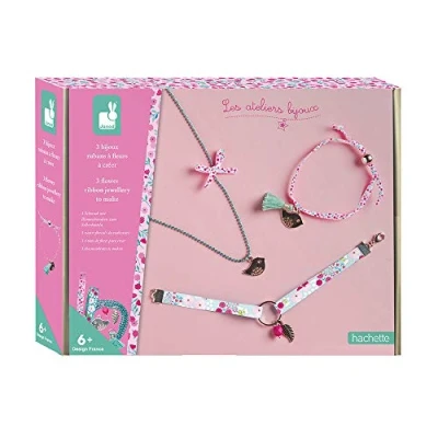 Image of Janod J07928 Making 3 Flower Jewellery Ribbons Les Ateliers Bijoux Set Leisure Activities for Children Development of fine Motor Skills and Creativity from 6 Years, Silver
